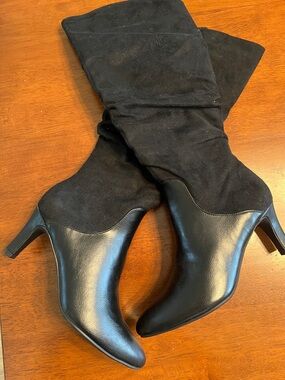 Life Stride Black Faux Leather and Suede Mid-Calf Heeled Boots